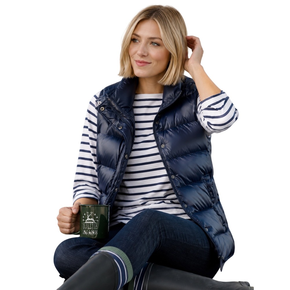 J.Crew Shiny Navy Down Puffer Vest Women XS Preppy Coastal Fall Layering